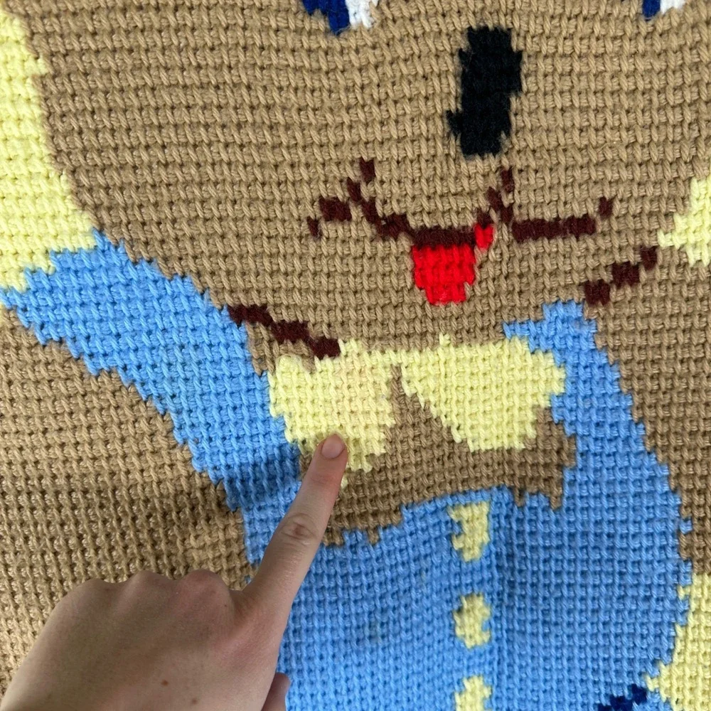 Vintage Handmade Crochet Teddy Bear Baby Blanket Yellow Blue‎ 44x48 knit nursery